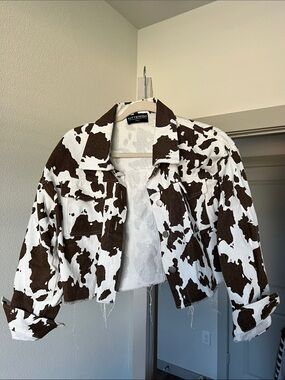 KITTENISH Brown & White Cow Print Cropped Jean Jacket